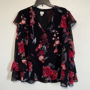 a new day. Woman’s Blouse. Red floral. Size L